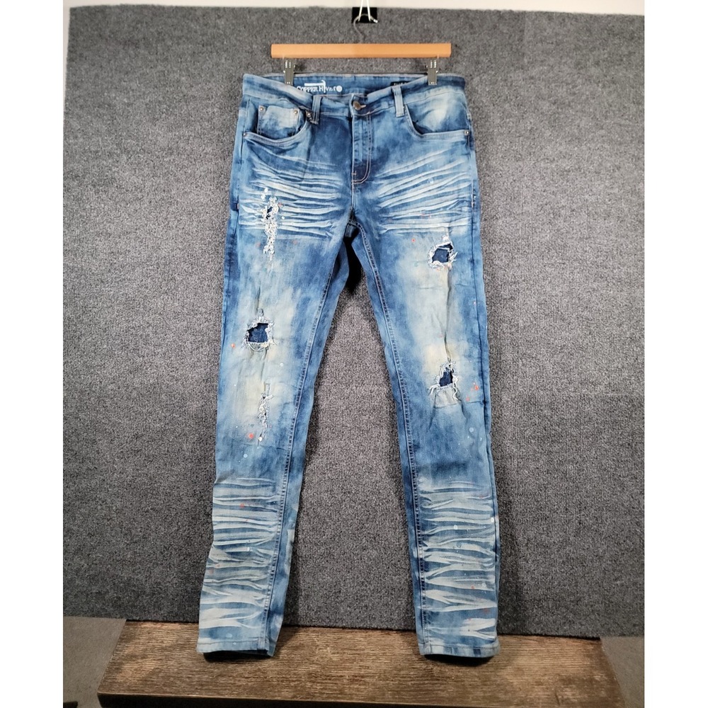 Copper Rivet Slim Fit Distressed Light Blue Denim Jeans 34x34 (Fits 34x33) Paint